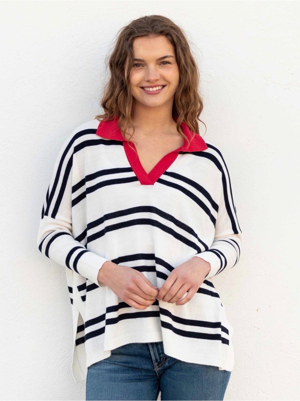 Mersea Polo Everyday Striped V-Neck Sweater Red Collar Nautical oversized
